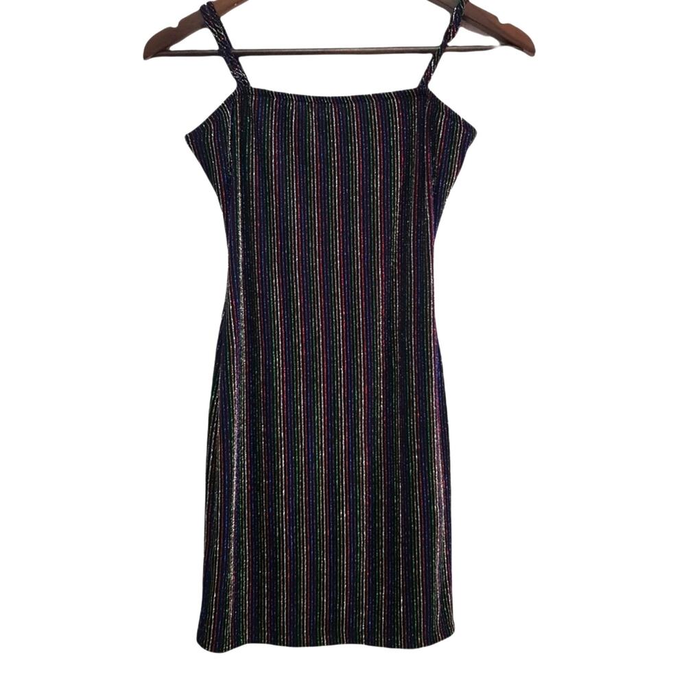 NWT Forever 21 Rainbow Striped Sequin Black Stretchy Mini Dress S